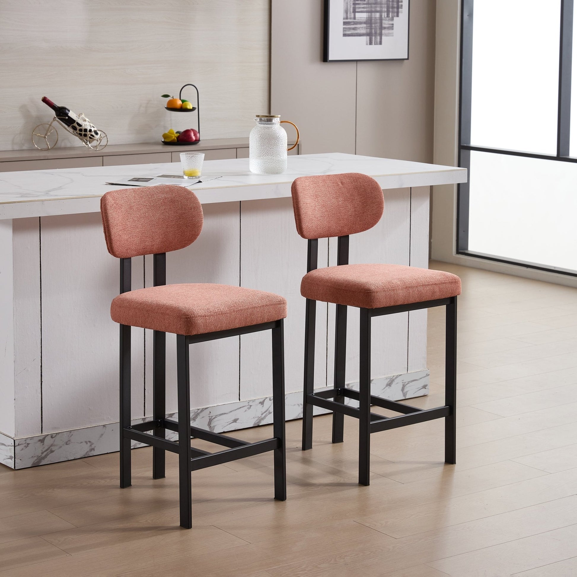 Modern Orange Counter Height Bar Stools Set of 2 | Upholstered Fabric Chairs with Metal Legs (26”) - 1st Choice Furniture Direct