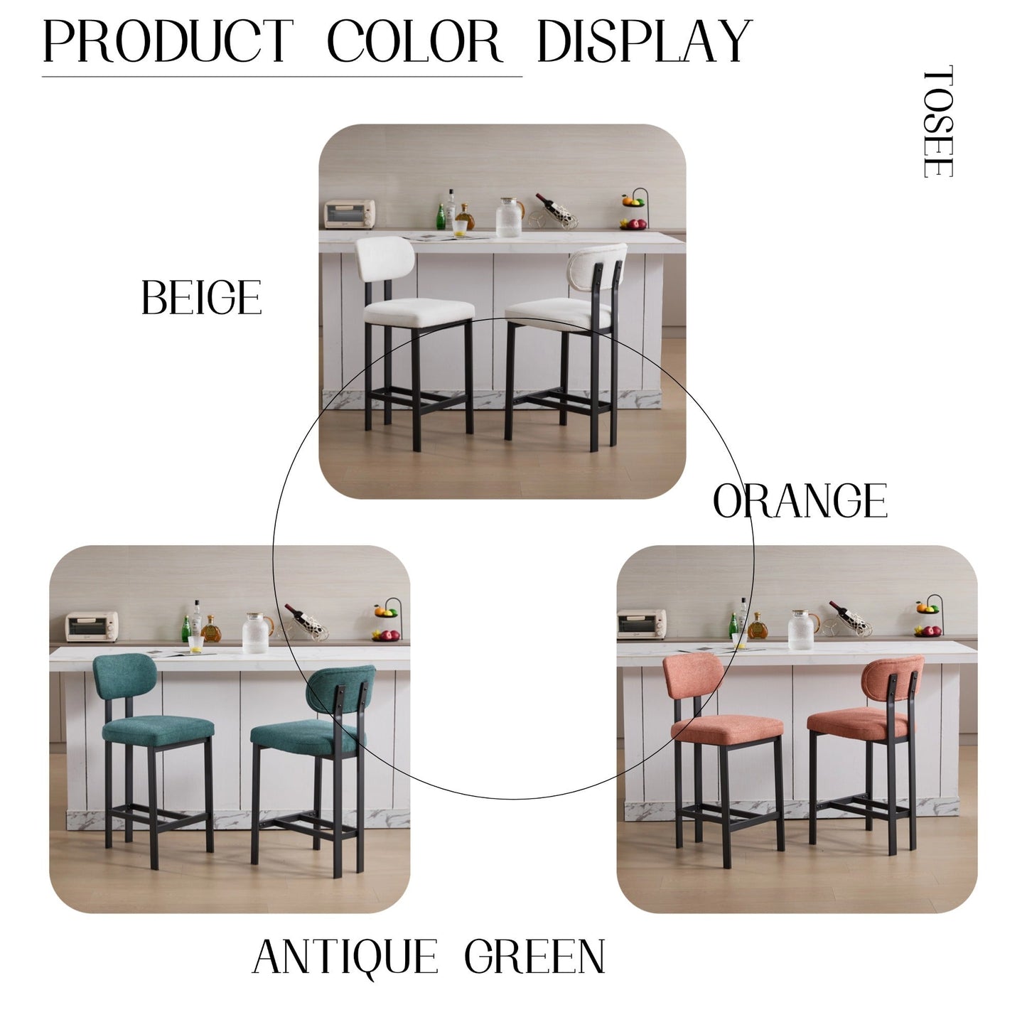 Modern Orange Counter Height Bar Stools Set of 2 | Upholstered Fabric Chairs with Metal Legs (26”) - 1st Choice Furniture Direct