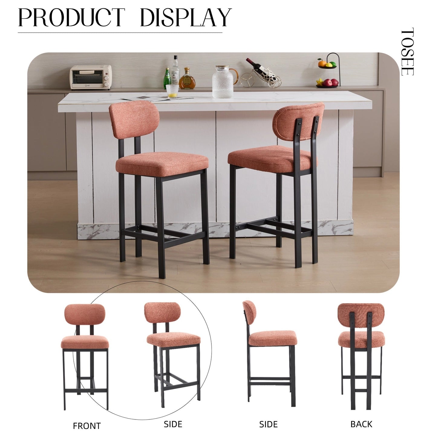 Modern Orange Counter Height Bar Stools Set of 2 | Upholstered Fabric Chairs with Metal Legs (26”) - 1st Choice Furniture Direct
