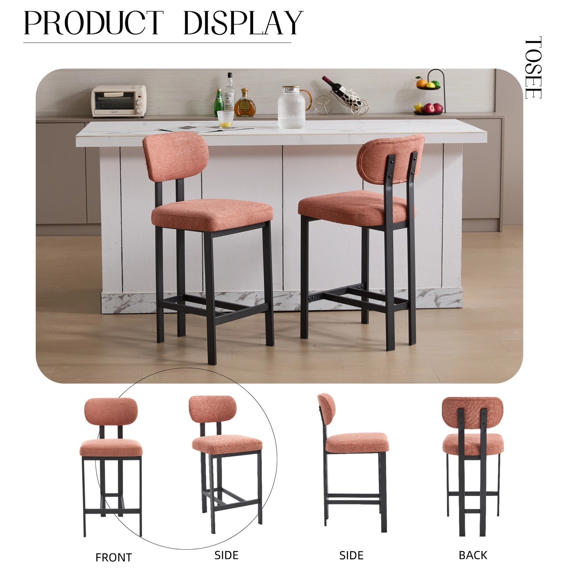 Modern Orange Counter Height Bar Stools Set of 2 | Upholstered Fabric Chairs with Metal Legs (26”) - 1st Choice Furniture Direct