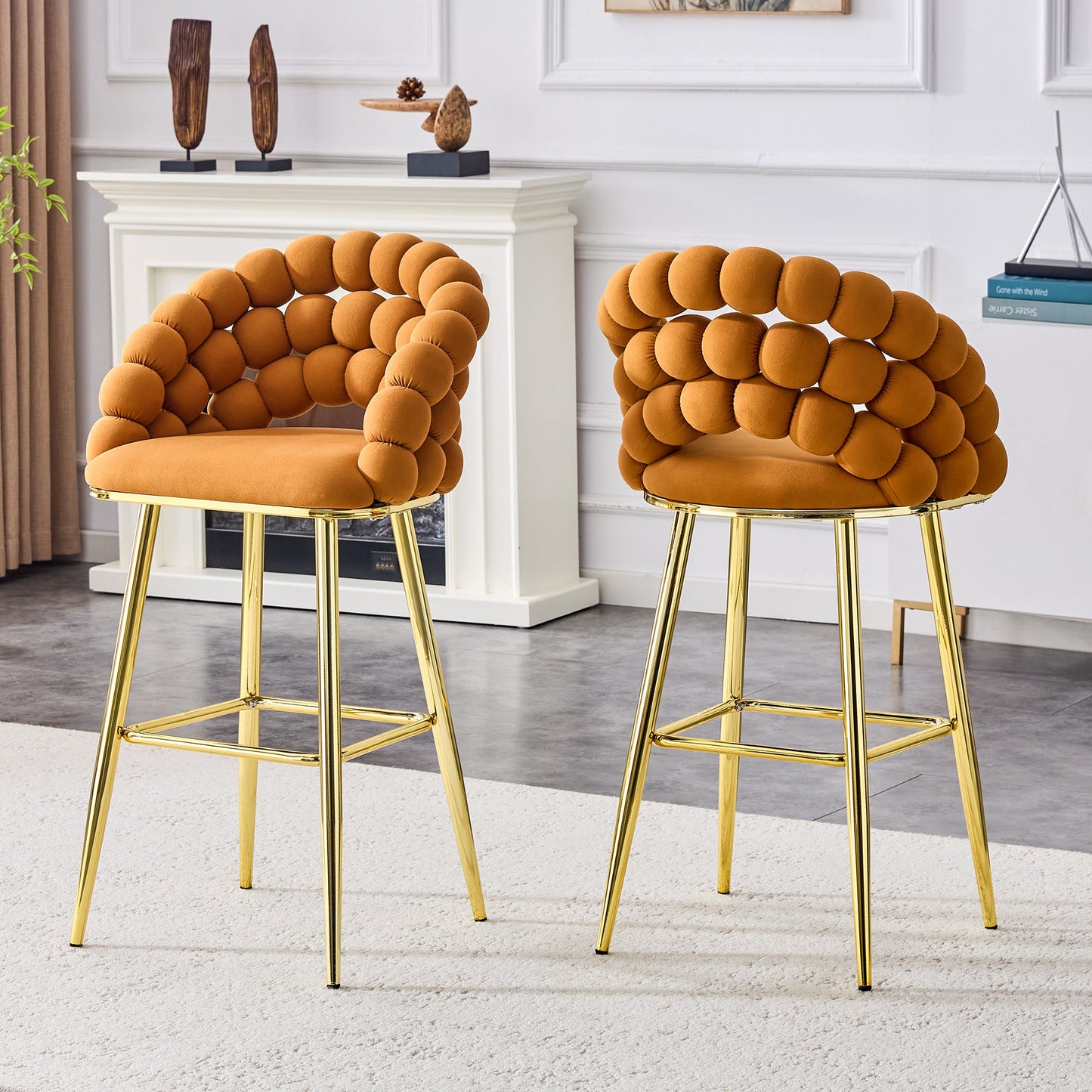 Modern Orange Velvet Bubble Chair Ball Chain Stools with Gold Legs, Tufted Bar Chairs for Kitchen Island & Home Bar - 1st Choice Furniture Direct