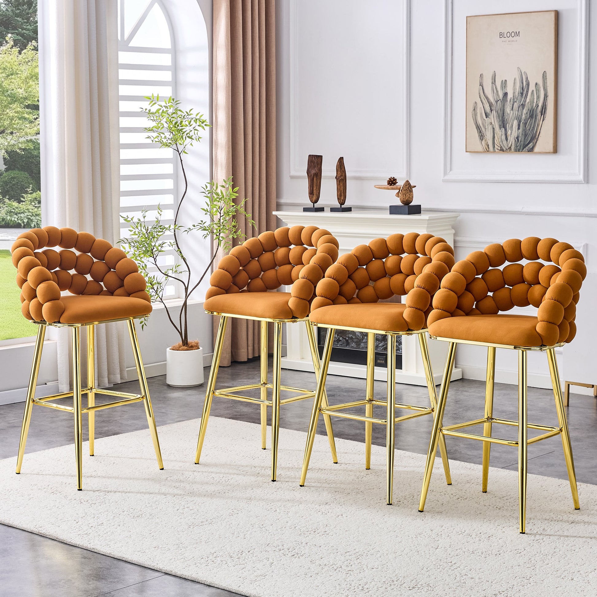 Modern Orange Velvet Bubble Chair Ball Chain Stools with Gold Legs, Tufted Bar Chairs for Kitchen Island & Home Bar - 1st Choice Furniture Direct