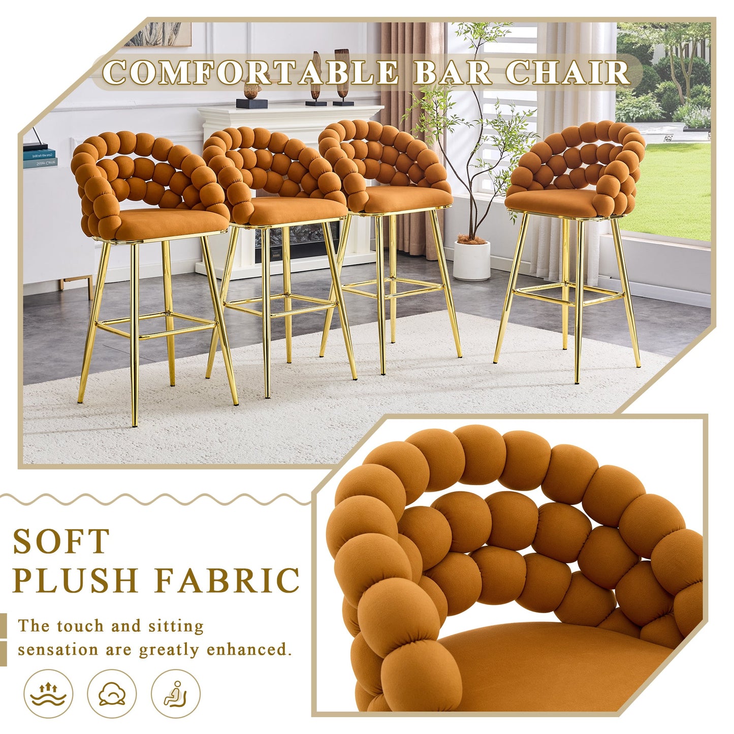 Modern Orange Velvet Bubble Chair Ball Chain Stools with Gold Legs, Tufted Bar Chairs for Kitchen Island & Home Bar - 1st Choice Furniture Direct