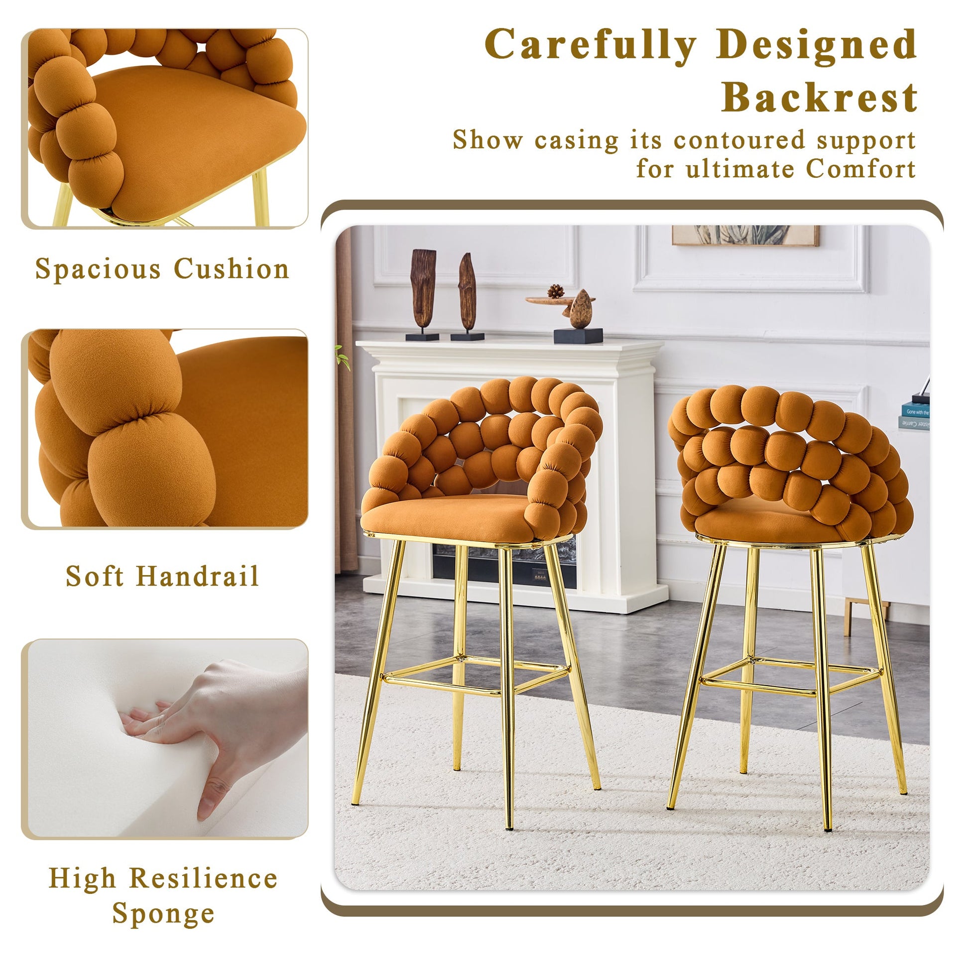 Modern Orange Velvet Bubble Chair Ball Chain Stools with Gold Legs, Tufted Bar Chairs for Kitchen Island & Home Bar - 1st Choice Furniture Direct
