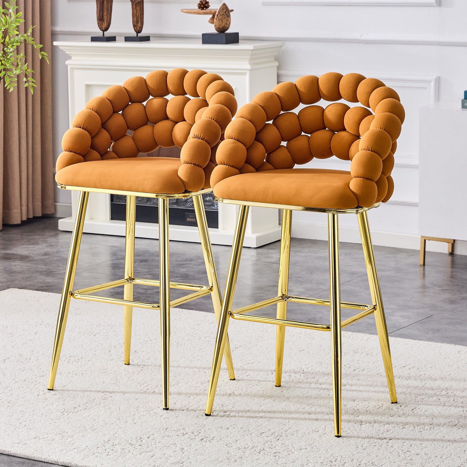 Modern Orange Velvet Bubble Chair Ball Chain Stools with Gold Legs, Tufted Bar Chairs for Kitchen Island & Home Bar - 1st Choice Furniture Direct