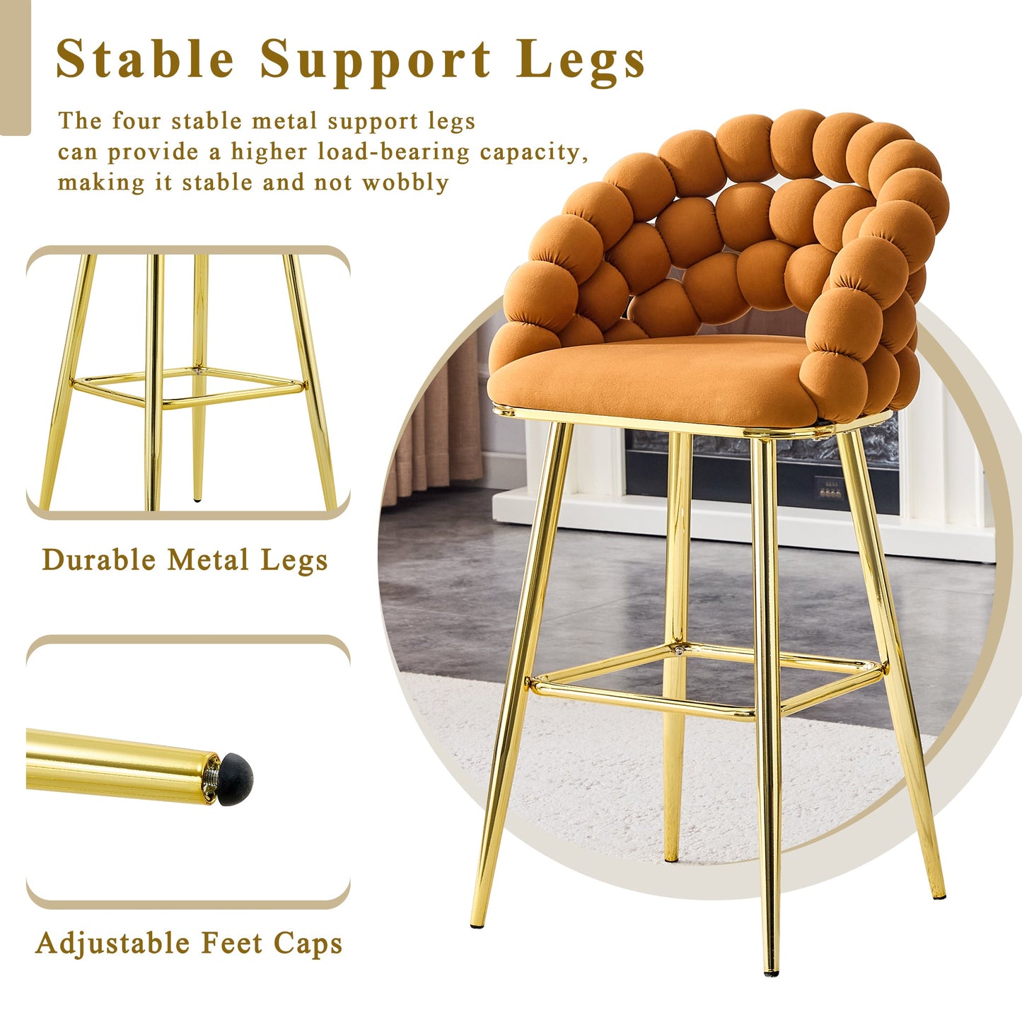 Modern Orange Velvet Bubble Chair Ball Chain Stools with Gold Legs, Tufted Bar Chairs for Kitchen Island & Home Bar - 1st Choice Furniture Direct