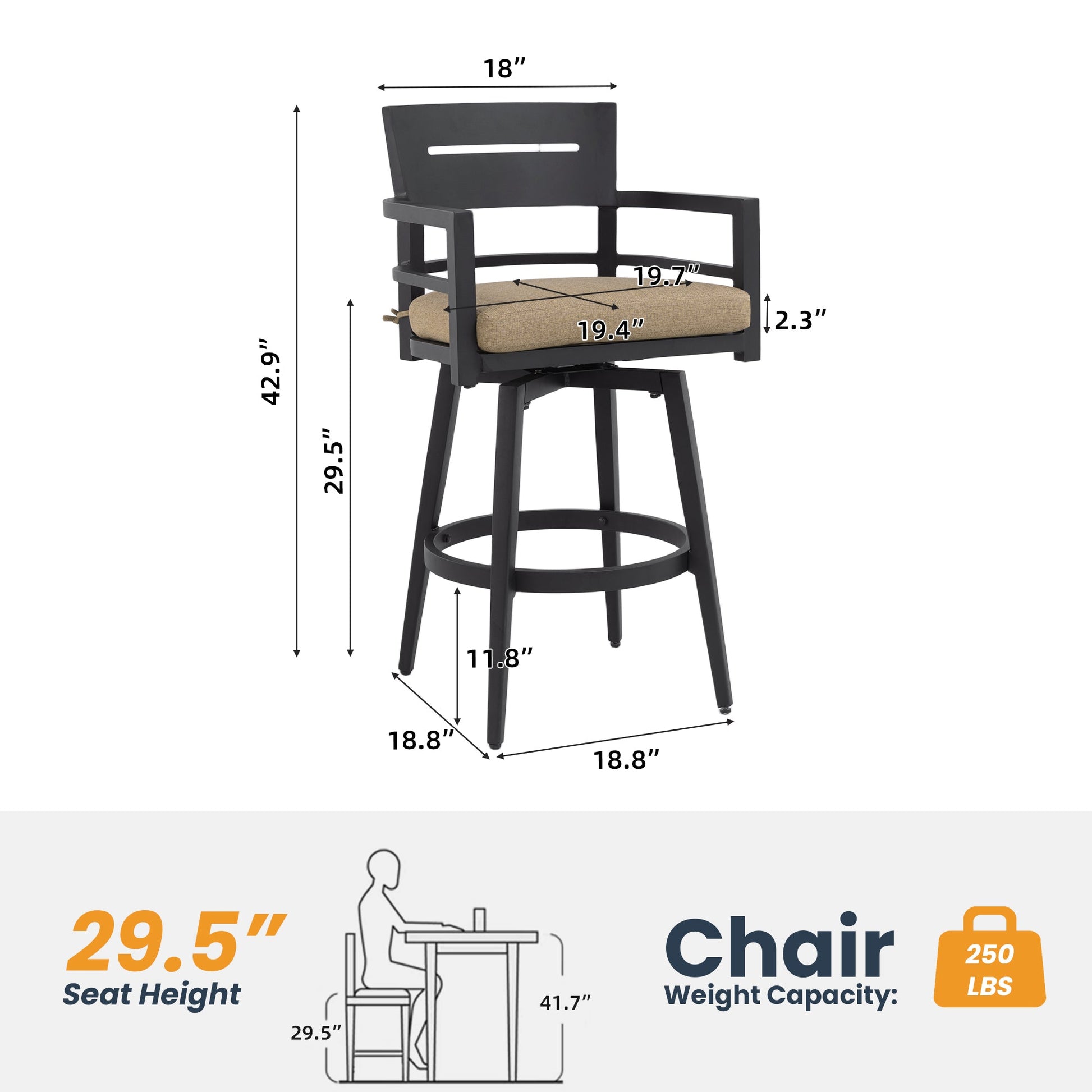 Modern Outdoor 2 - Piece Swivel Bar Chairs – Aluminum Frame with Ember Black, 360° Swivel, Ergonomic Backrest & Armrests, Tapered Legs, Sunbrella Cushion, Weather - Resistant & Durable Patio Bar Stool - 1st Choice Furniture Direct