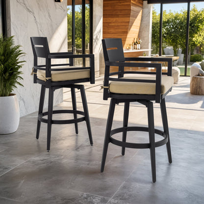 Modern Outdoor 2 - Piece Swivel Bar Chairs – Aluminum Frame with Ember Black, 360° Swivel, Ergonomic Backrest & Armrests, Tapered Legs, Sunbrella Cushion, Weather - Resistant & Durable Patio Bar Stool - 1st Choice Furniture Direct
