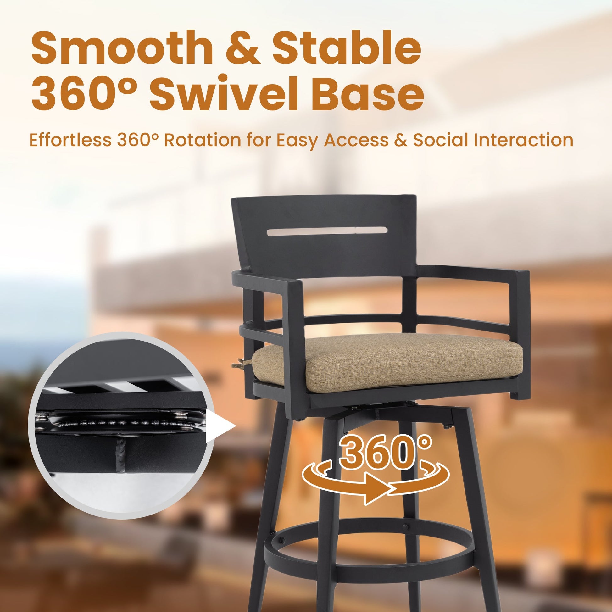 Modern Outdoor 2 - Piece Swivel Bar Chairs – Aluminum Frame with Ember Black, 360° Swivel, Ergonomic Backrest & Armrests, Tapered Legs, Sunbrella Cushion, Weather - Resistant & Durable Patio Bar Stool - 1st Choice Furniture Direct