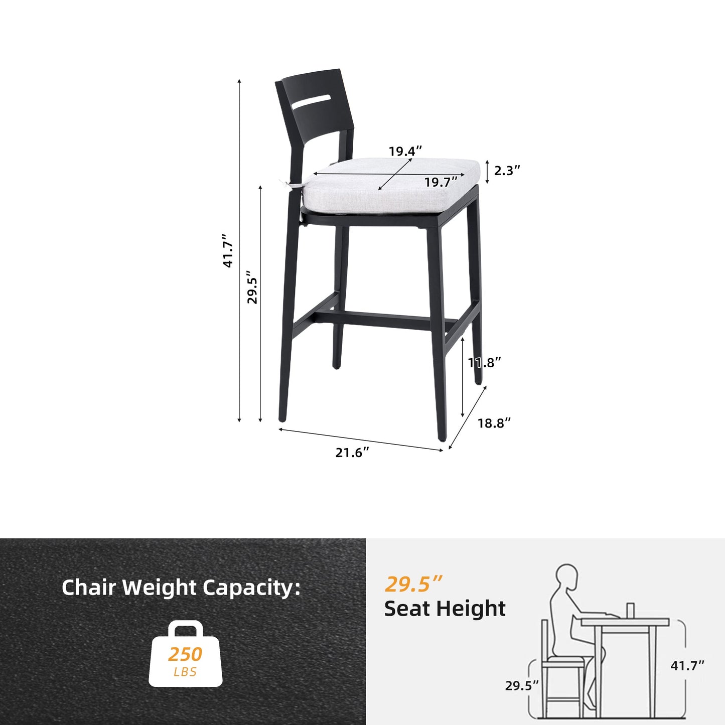 Modern Outdoor Bar Stools Set of 2, Aluminum Patio Chairs with Backrest and Footrest, Weather - Resistant, Ember Black, Sunbrella Cushions - 1st Choice Furniture Direct
