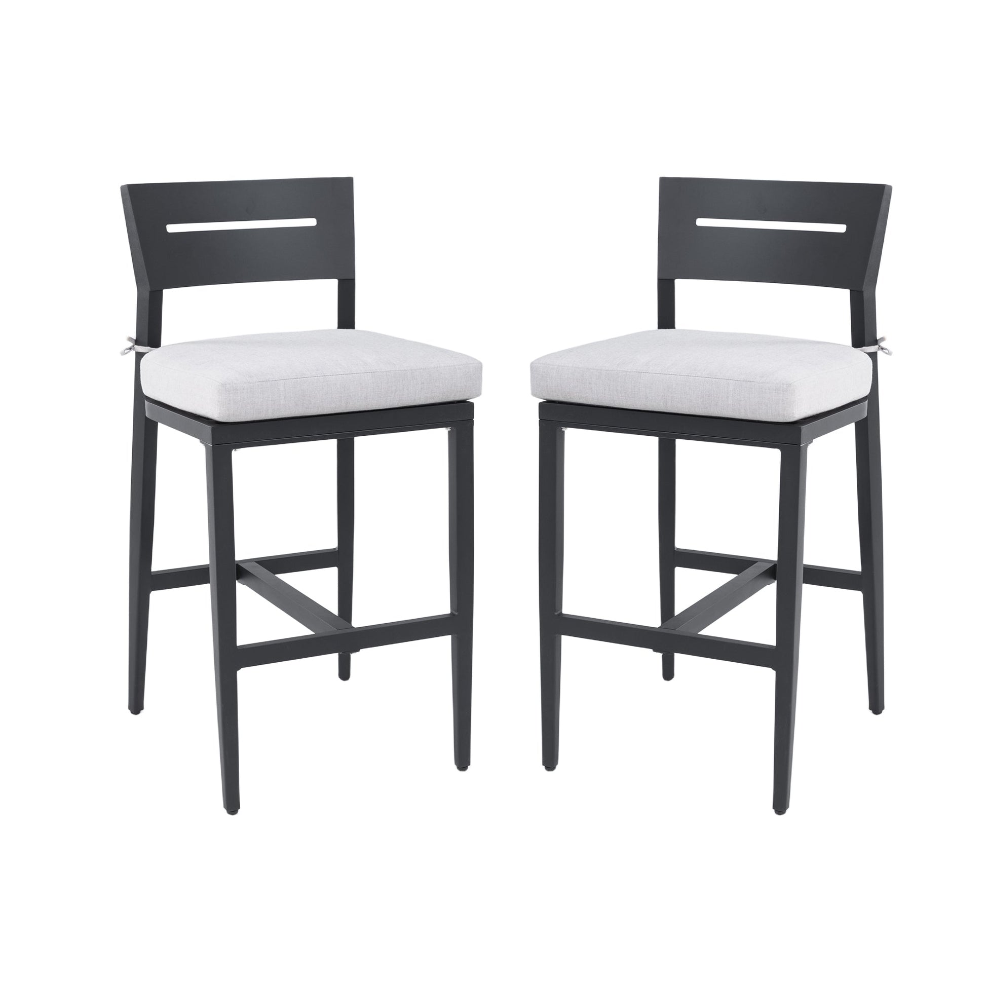Modern Outdoor Bar Stools Set of 2, Aluminum Patio Chairs with Backrest and Footrest, Weather - Resistant, Ember Black, Sunbrella Cushions - 1st Choice Furniture Direct
