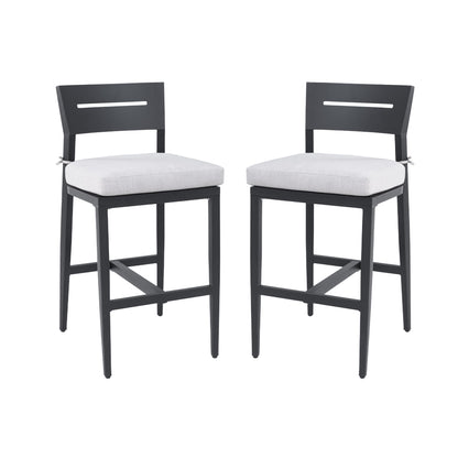 Modern Outdoor Bar Stools Set of 2, Aluminum Patio Chairs with Backrest and Footrest, Weather - Resistant, Ember Black, Sunbrella Cushions - 1st Choice Furniture Direct