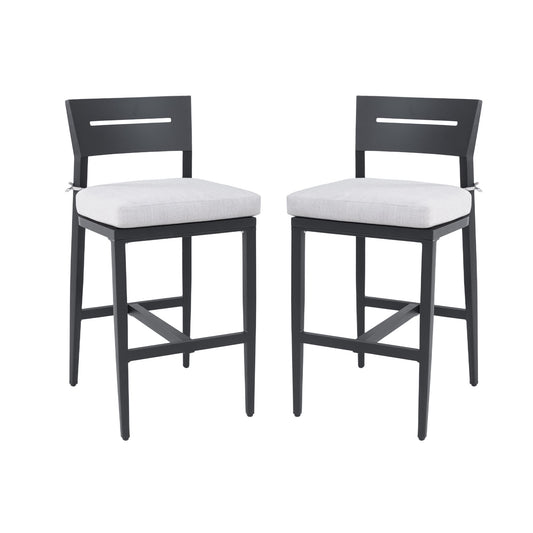 Modern Outdoor Bar Stools Set of 2, Aluminum Patio Chairs with Backrest and Footrest, Weather - Resistant, Ember Black, Sunbrella Cushions - 1st Choice Furniture Direct