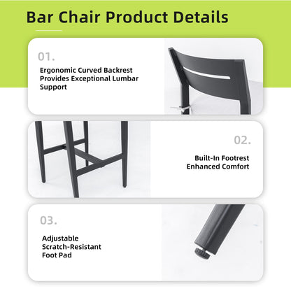 Modern Outdoor Bar Stools Set of 2, Aluminum Patio Chairs with Backrest and Footrest, Weather - Resistant, Ember Black, Sunbrella Cushions - 1st Choice Furniture Direct