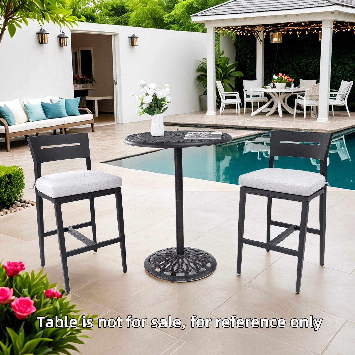Modern Outdoor Bar Stools Set of 2, Aluminum Patio Chairs with Backrest and Footrest, Weather - Resistant, Ember Black, Sunbrella Cushions - 1st Choice Furniture Direct