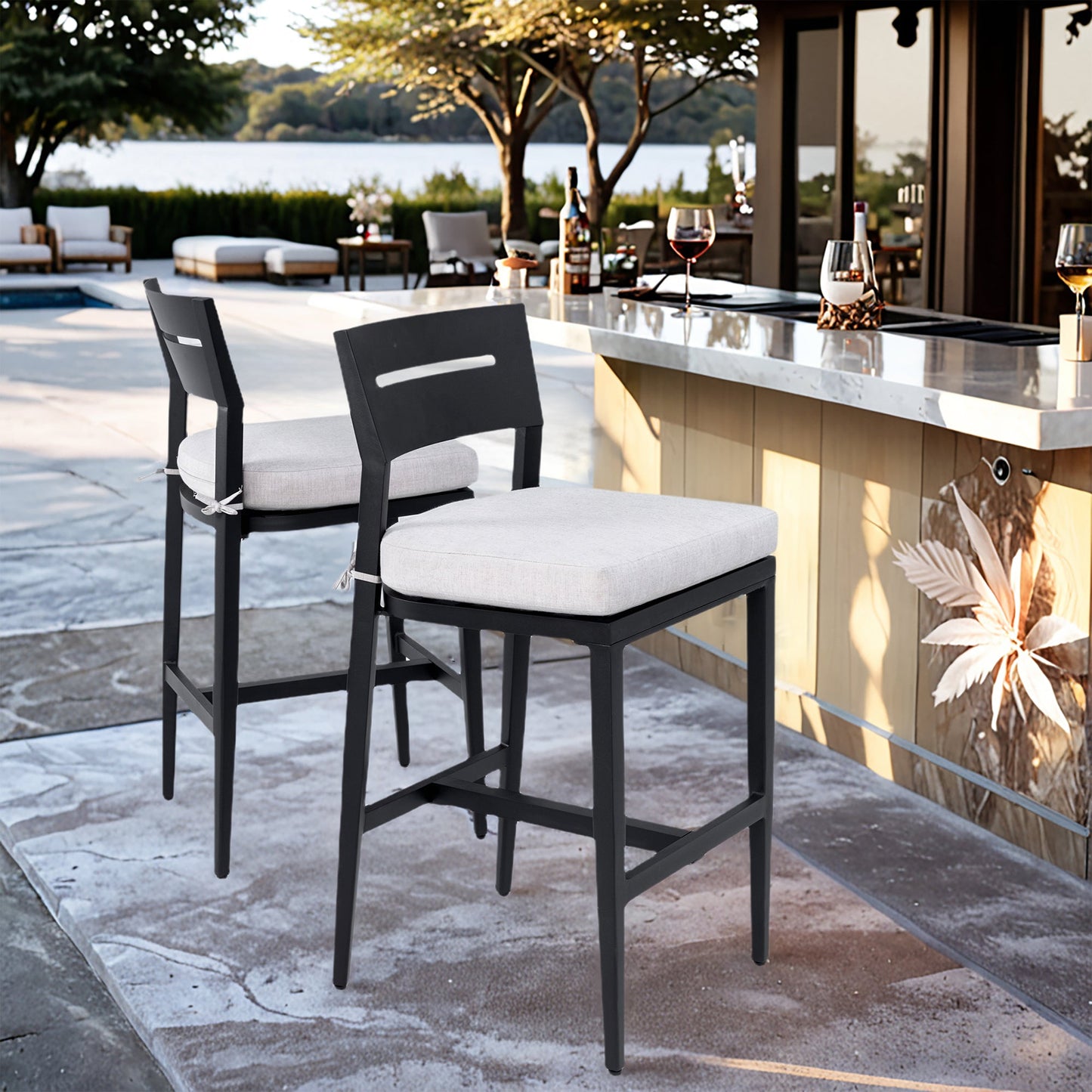 Modern Outdoor Bar Stools Set of 2, Aluminum Patio Chairs with Backrest and Footrest, Weather - Resistant, Ember Black, Sunbrella Cushions - 1st Choice Furniture Direct