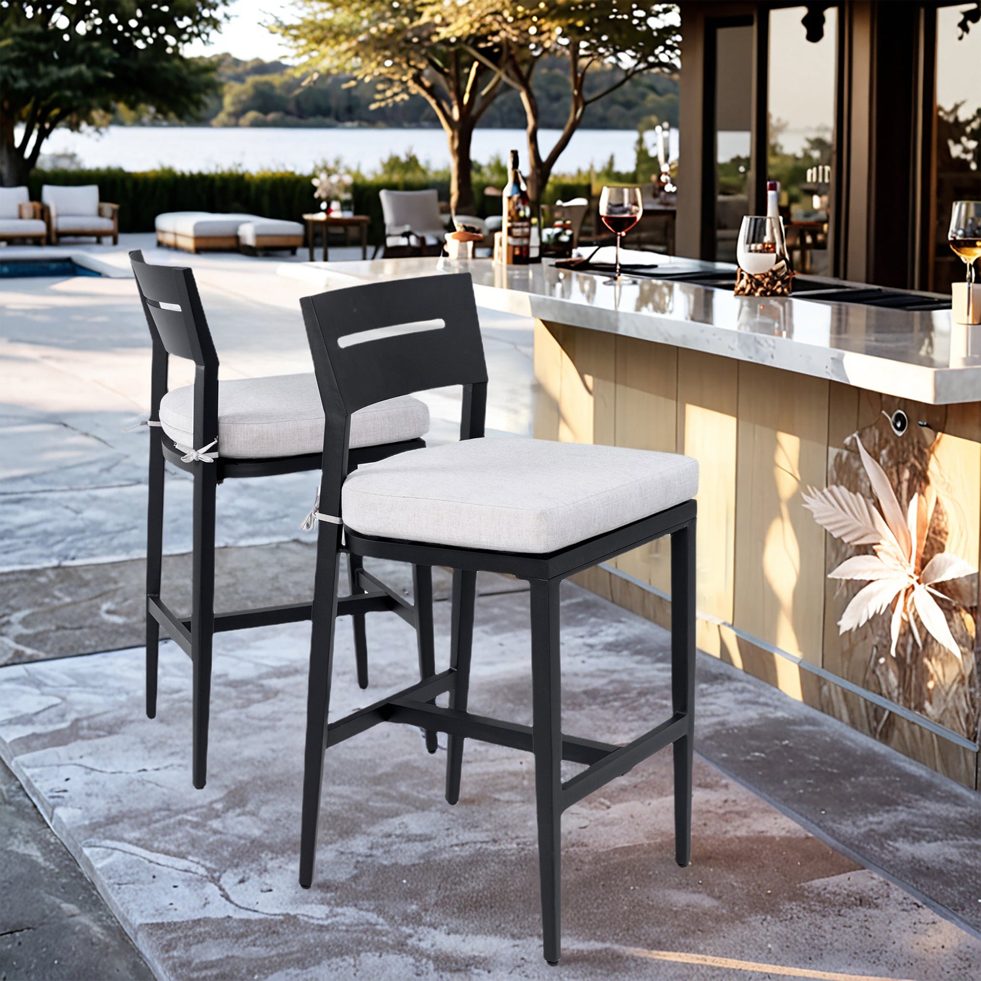 Modern Outdoor Bar Stools Set of 2, Aluminum Patio Chairs with Backrest and Footrest, Weather - Resistant, Ember Black, Sunbrella Cushions - 1st Choice Furniture Direct