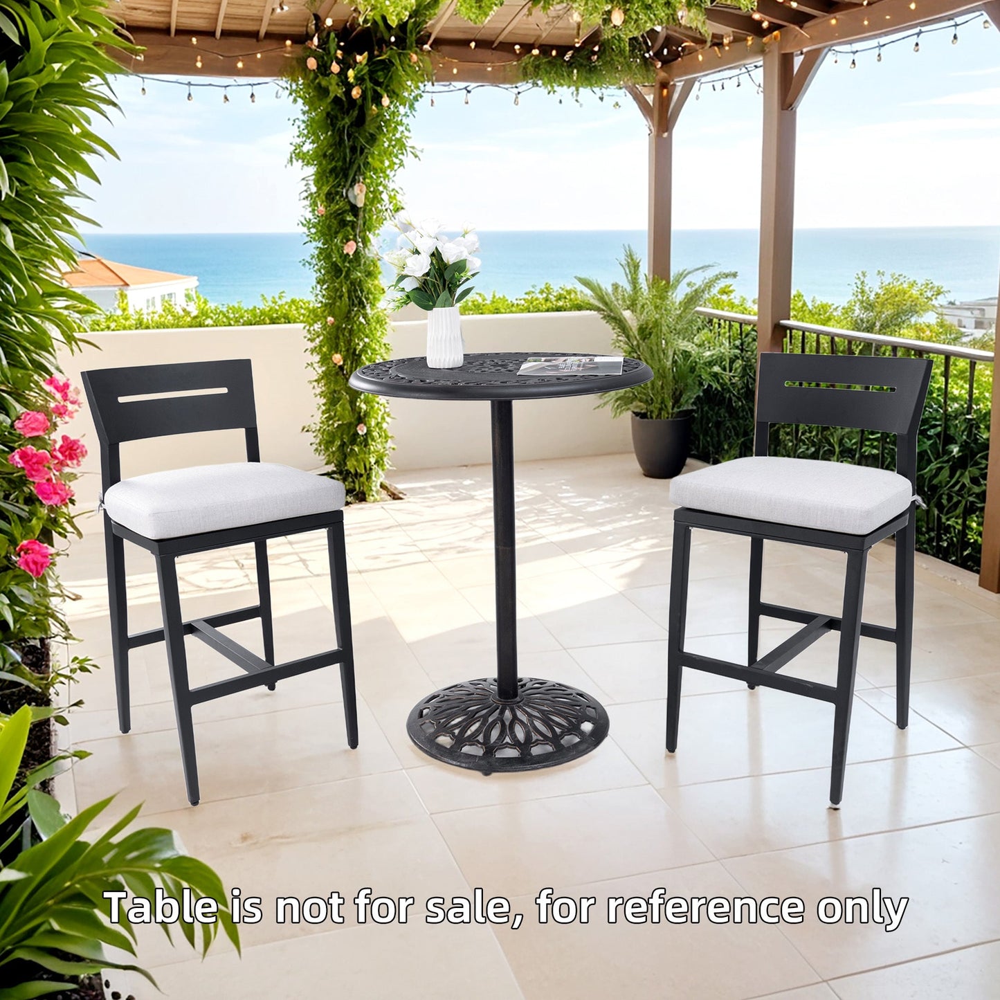 Modern Outdoor Bar Stools Set of 2, Aluminum Patio Chairs with Backrest and Footrest, Weather - Resistant, Ember Black, Sunbrella Cushions - 1st Choice Furniture Direct