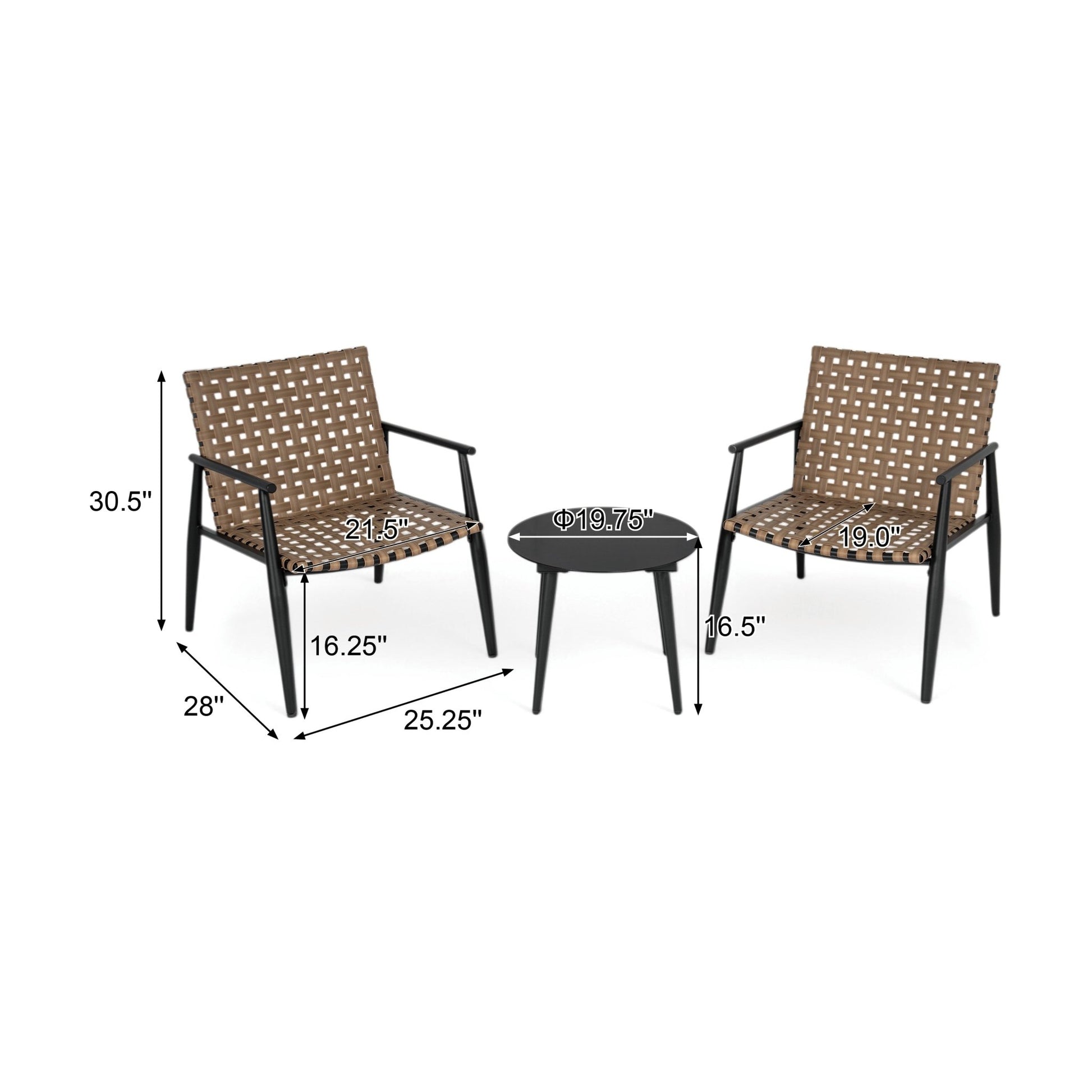 Modern Outdoor Chat Set: 2 PE Rattan Chairs + Black Steel & Tempered Glass Side Table – Durable & Stylish in Black+Brown - 1st Choice Furniture Direct