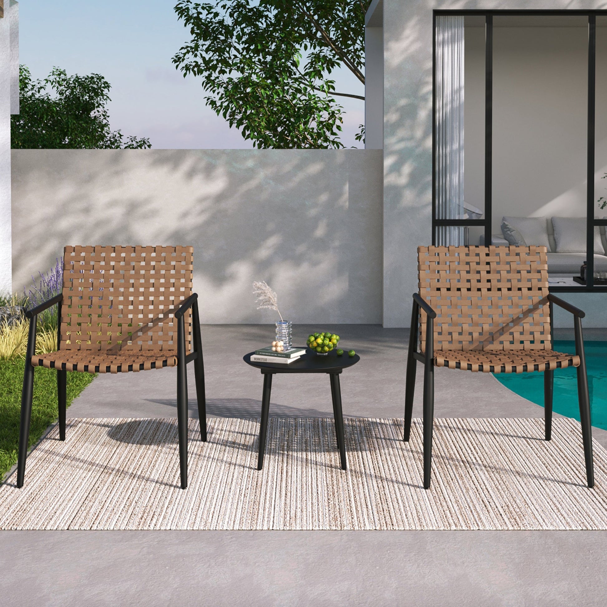 Modern Outdoor Chat Set: 2 PE Rattan Chairs + Black Steel & Tempered Glass Side Table – Durable & Stylish in Black+Brown - 1st Choice Furniture Direct