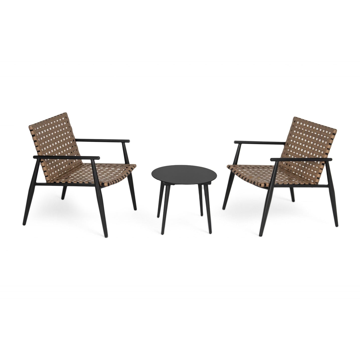 Modern Outdoor Chat Set: 2 PE Rattan Chairs + Black Steel & Tempered Glass Side Table – Durable & Stylish in Black+Brown - 1st Choice Furniture Direct