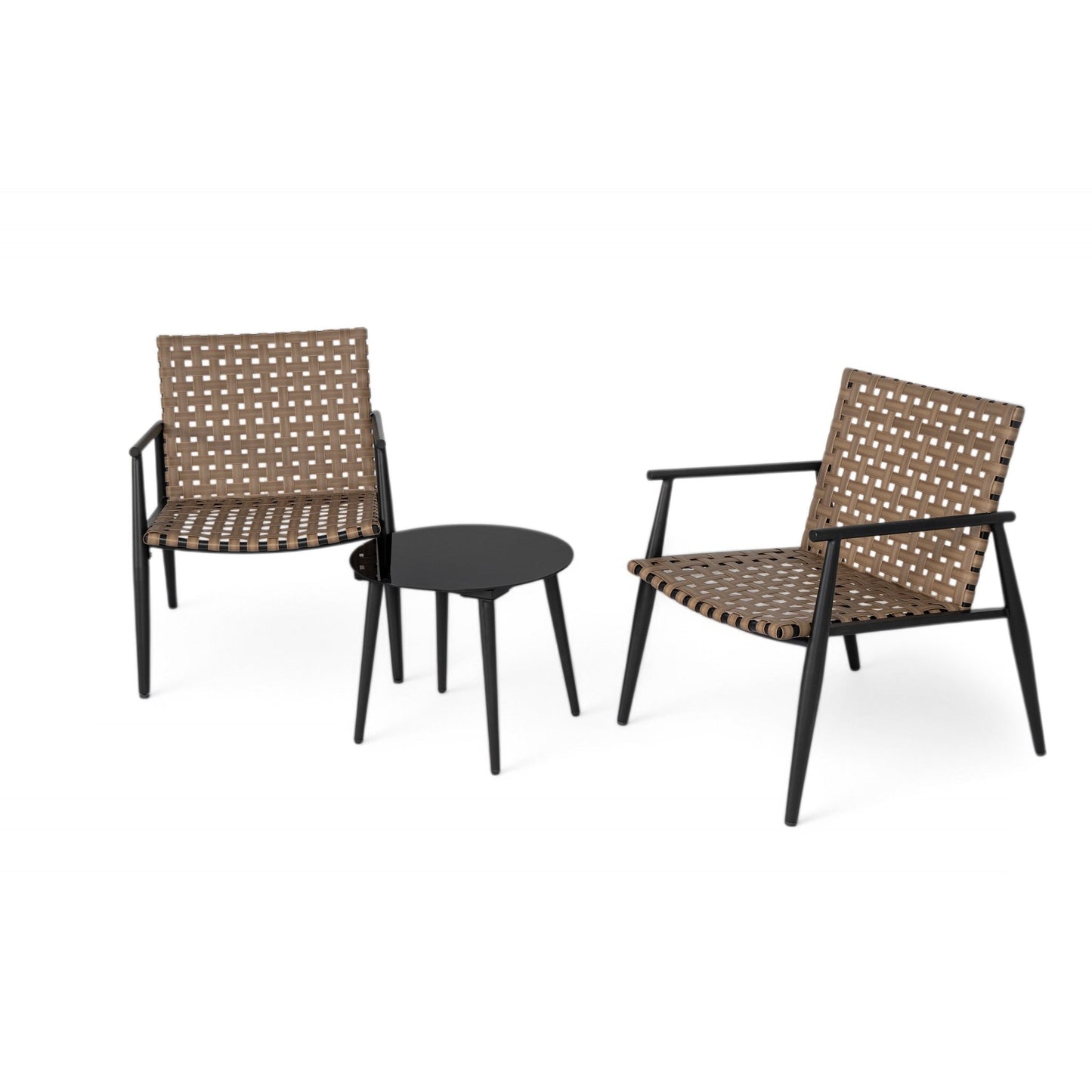 Modern Outdoor Chat Set: 2 PE Rattan Chairs + Black Steel & Tempered Glass Side Table – Durable & Stylish in Black+Brown - 1st Choice Furniture Direct