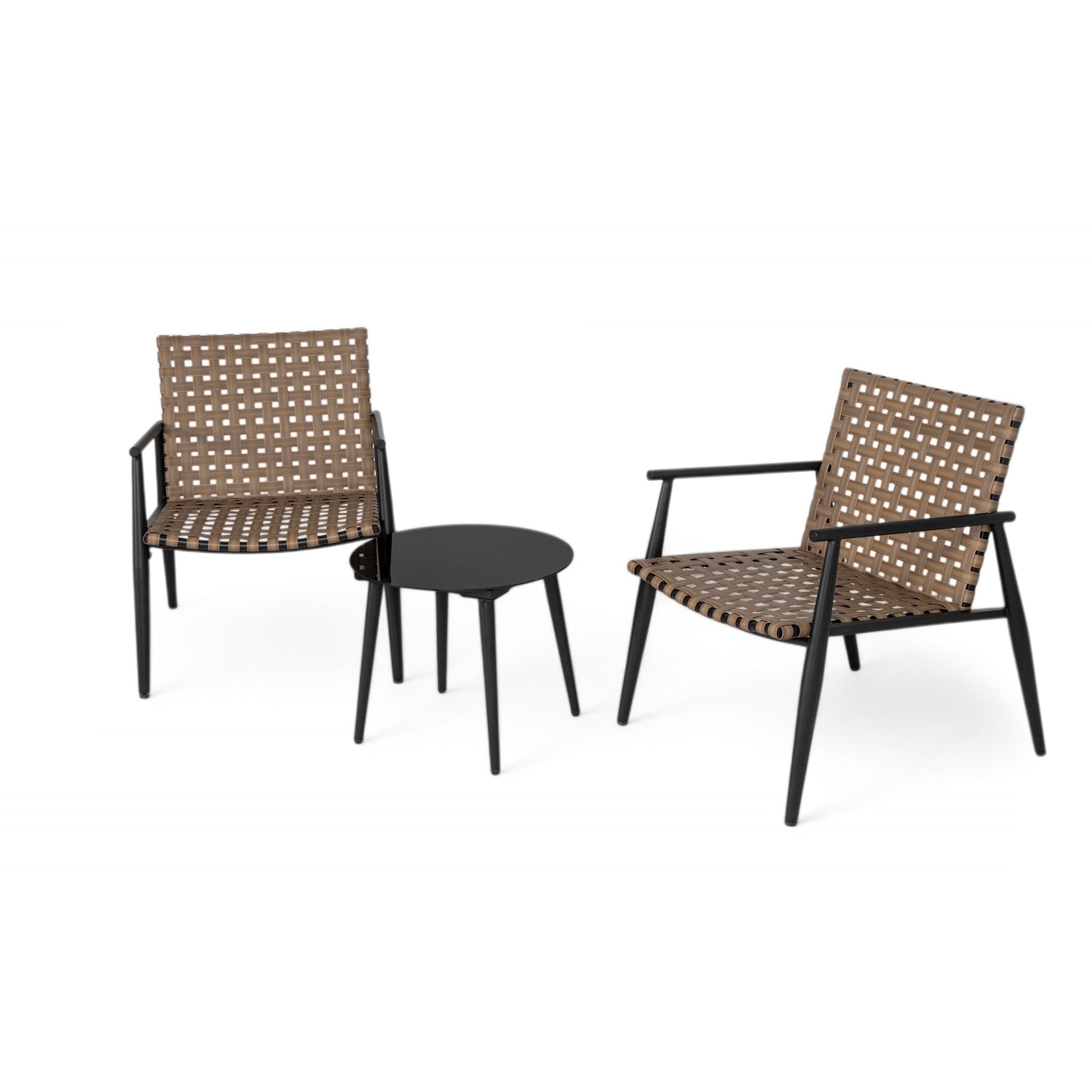Modern Outdoor Chat Set: 2 PE Rattan Chairs + Black Steel & Tempered Glass Side Table – Durable & Stylish in Black+Brown - 1st Choice Furniture Direct