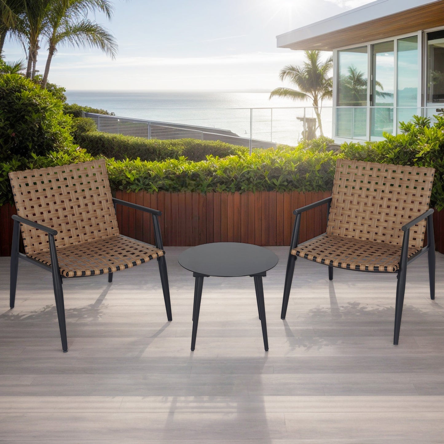 Modern Outdoor Chat Set: 2 PE Rattan Chairs + Black Steel & Tempered Glass Side Table – Durable & Stylish in Black+Brown - 1st Choice Furniture Direct