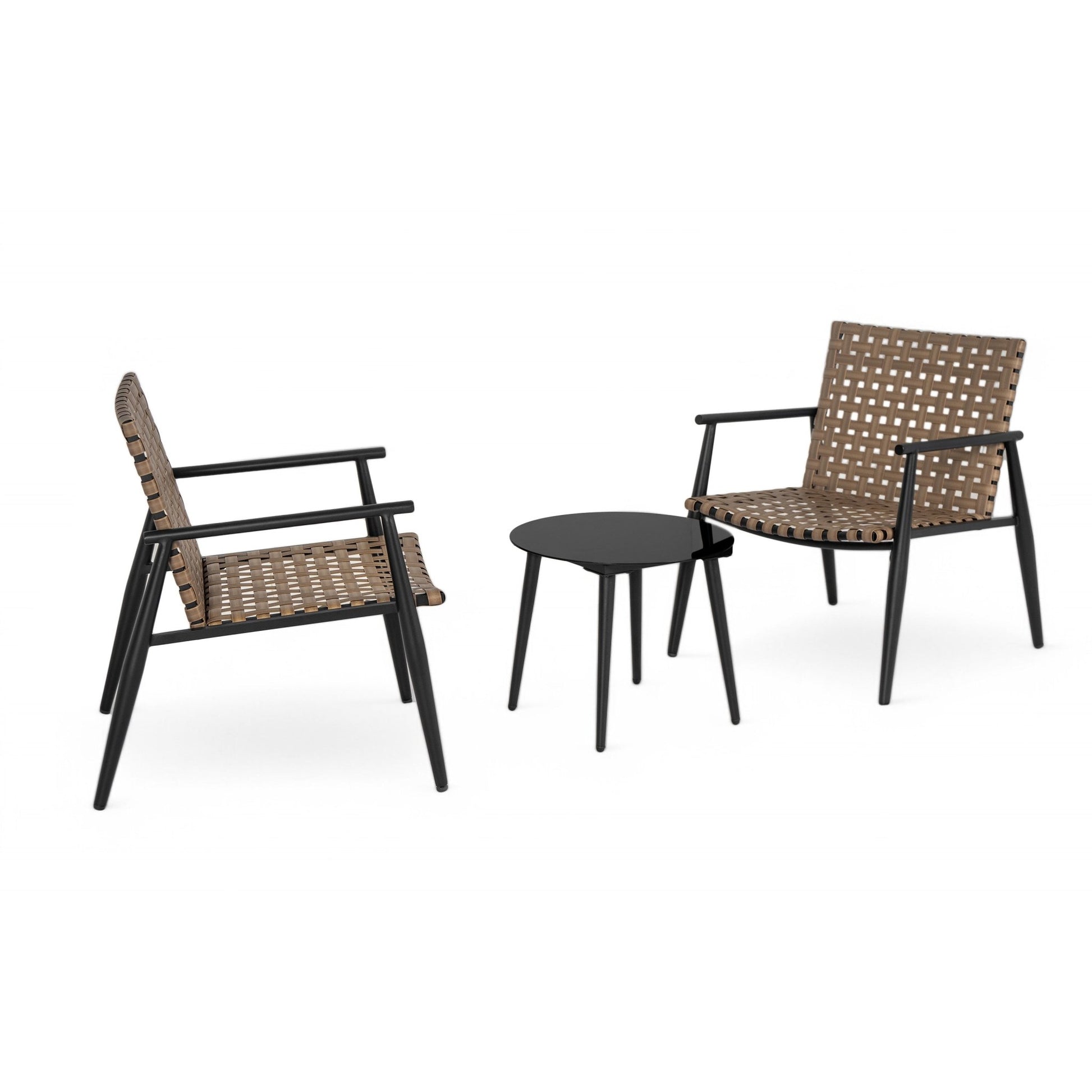 Modern Outdoor Chat Set: 2 PE Rattan Chairs + Black Steel & Tempered Glass Side Table – Durable & Stylish in Black+Brown - 1st Choice Furniture Direct