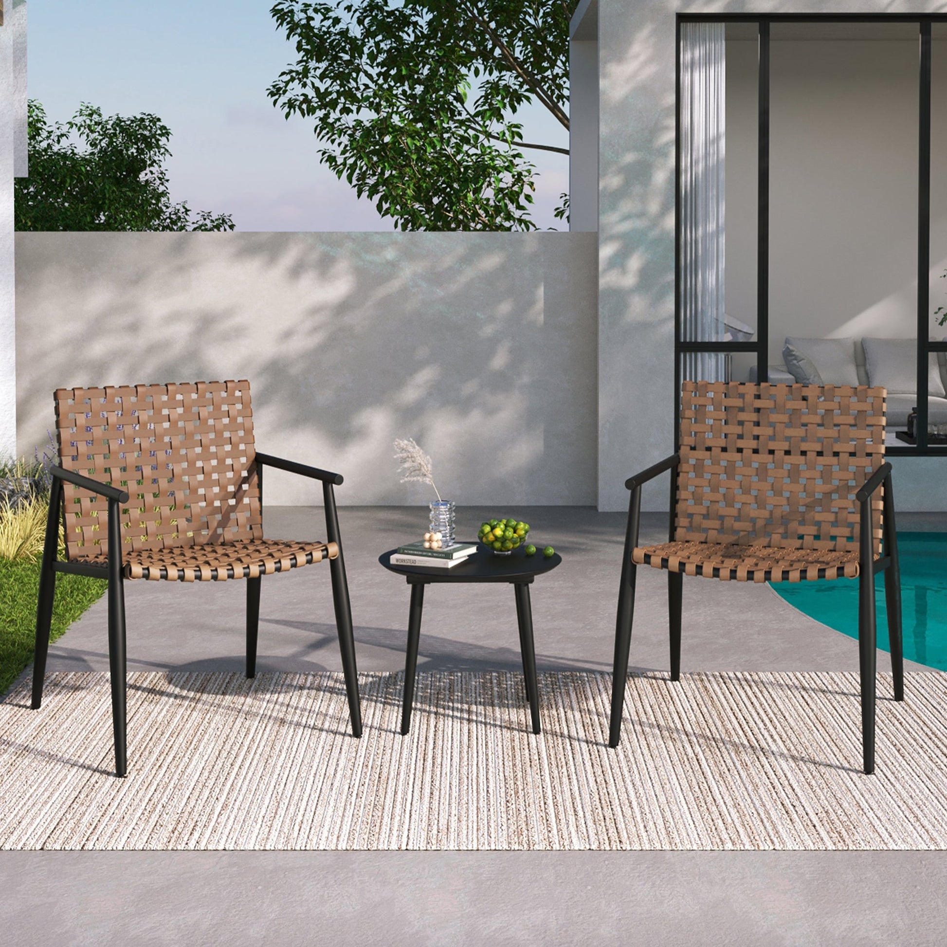 Modern Outdoor Chat Set: 2 PE Rattan Chairs + Black Steel & Tempered Glass Side Table – Durable & Stylish in Black+Brown - 1st Choice Furniture Direct