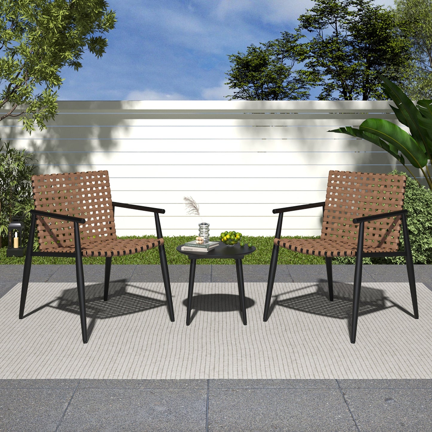 Modern Outdoor Chat Set: 2 PE Rattan Chairs + Black Steel & Tempered Glass Side Table – Durable & Stylish in Black+Brown - 1st Choice Furniture Direct