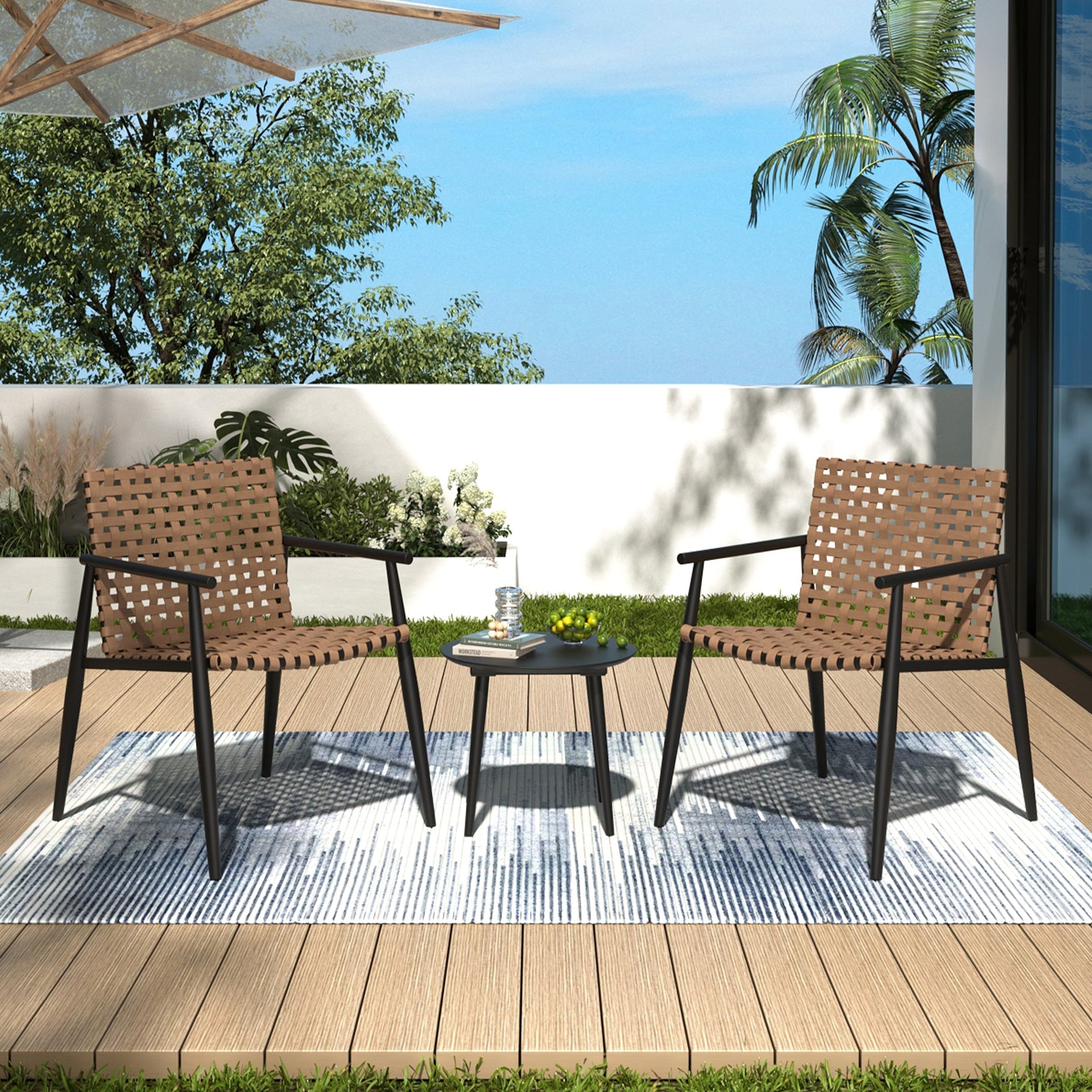 Modern Outdoor Chat Set: 2 PE Rattan Chairs + Black Steel & Tempered Glass Side Table – Durable & Stylish in Black+Brown - 1st Choice Furniture Direct