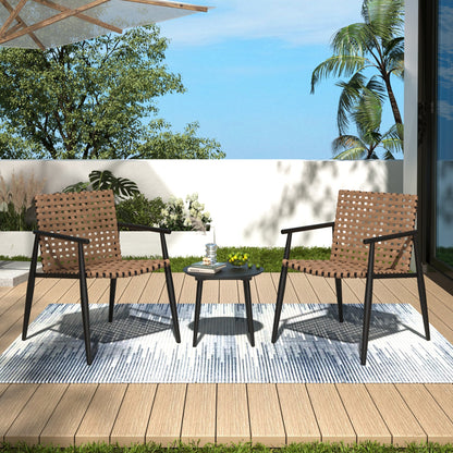 Modern Outdoor Chat Set: 2 PE Rattan Chairs + Black Steel & Tempered Glass Side Table – Durable & Stylish in Black+Brown - 1st Choice Furniture Direct