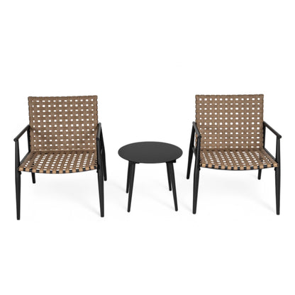Modern Outdoor Chat Set: 2 PE Rattan Chairs + Black Steel & Tempered Glass Side Table – Durable & Stylish in Black+Brown - 1st Choice Furniture Direct