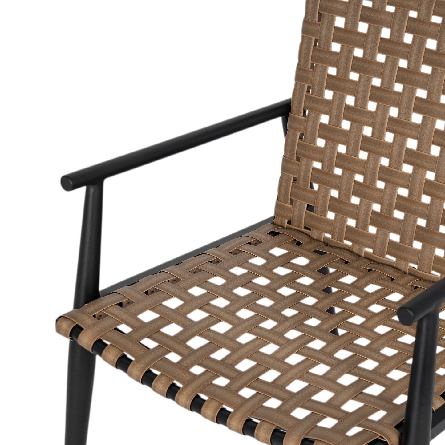 Modern Outdoor Chat Set: 2 PE Rattan Chairs + Black Steel & Tempered Glass Side Table – Durable & Stylish in Black+Brown - 1st Choice Furniture Direct