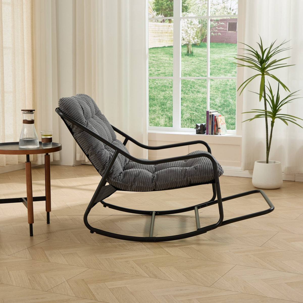 Modern Outdoor Rocking Lounge Chair with Ottoman and Grey Cushion - 1st Choice Furniture Direct