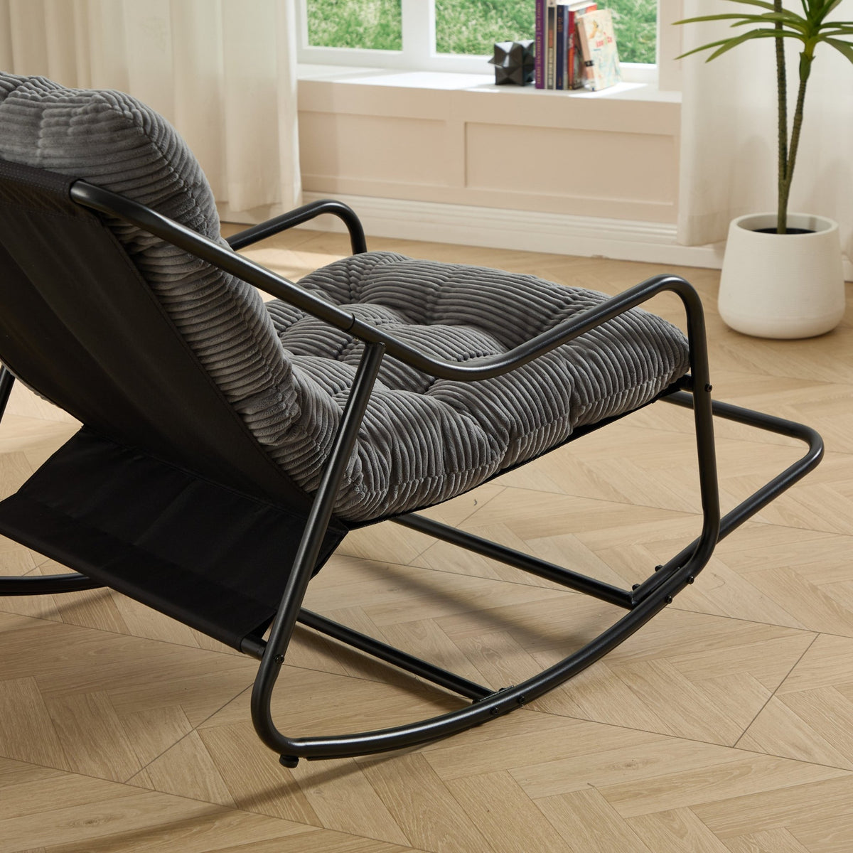Modern Outdoor Rocking Lounge Chair with Ottoman and Grey Cushion - 1st Choice Furniture Direct