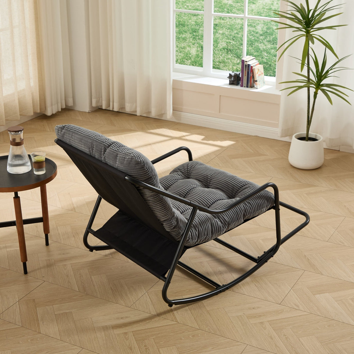 Modern Outdoor Rocking Lounge Chair with Ottoman and Grey Cushion - 1st Choice Furniture Direct