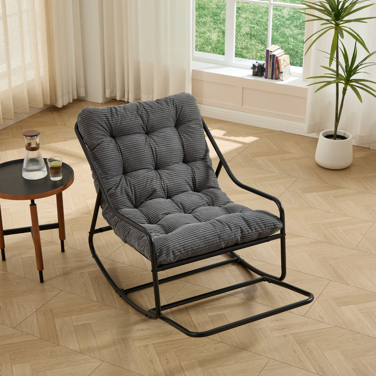 Modern Outdoor Rocking Lounge Chair with Ottoman and Grey Cushion - 1st Choice Furniture Direct