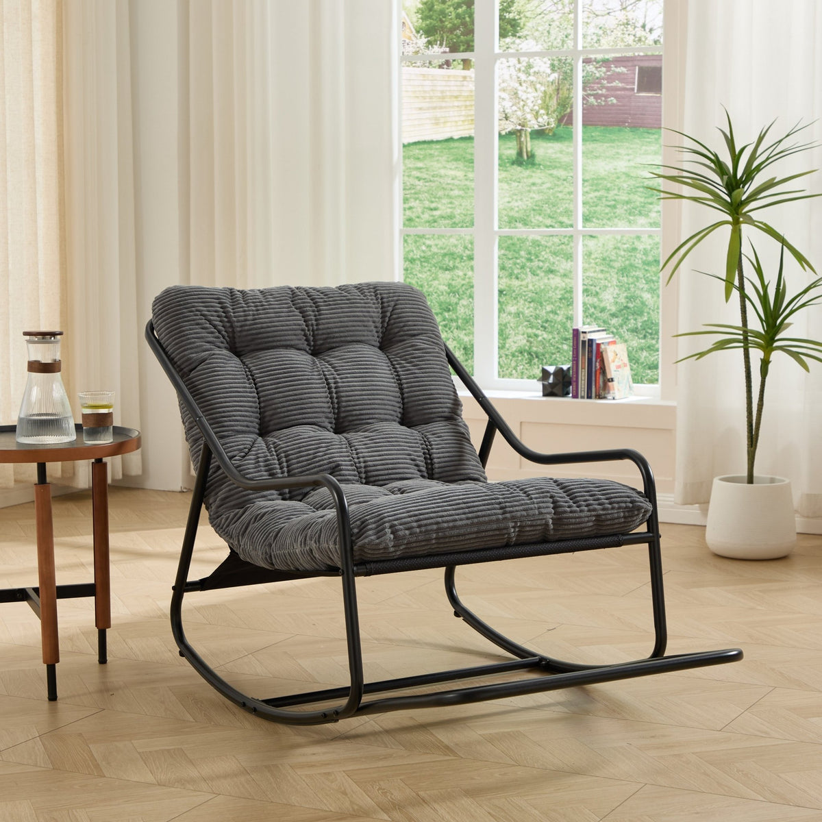 Modern Outdoor Rocking Lounge Chair with Ottoman and Grey Cushion - 1st Choice Furniture Direct