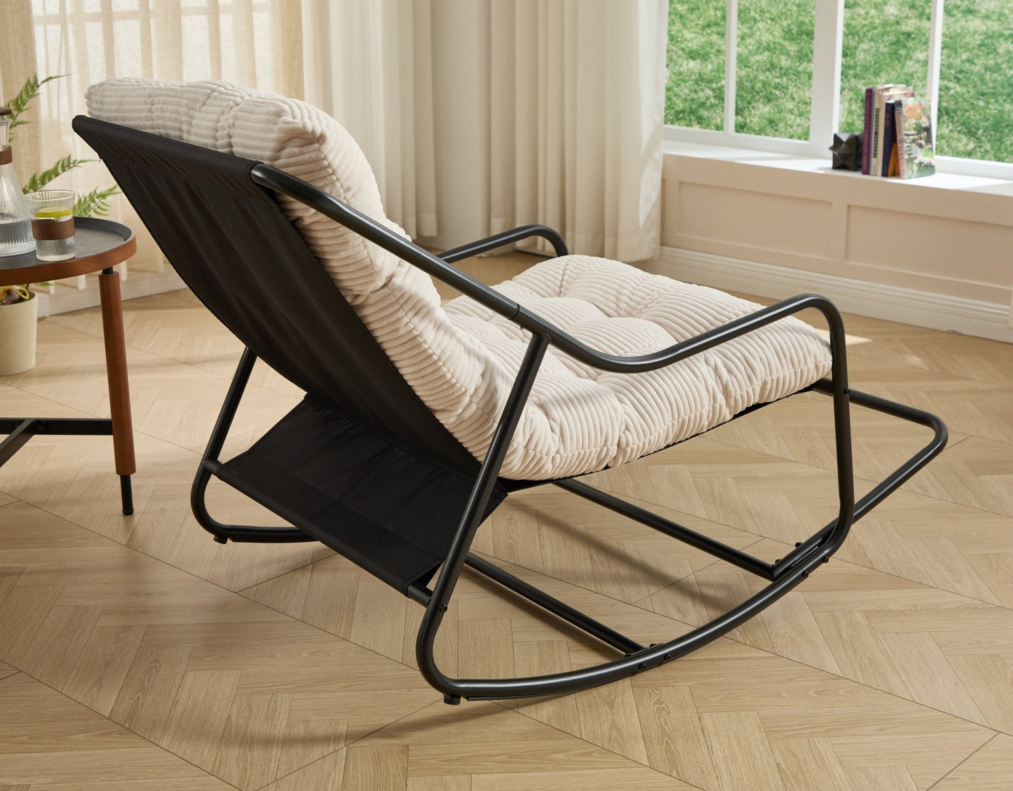Modern Outdoor Rocking Lounge Chair with Ottoman and White Cushion - 1st Choice Furniture Direct