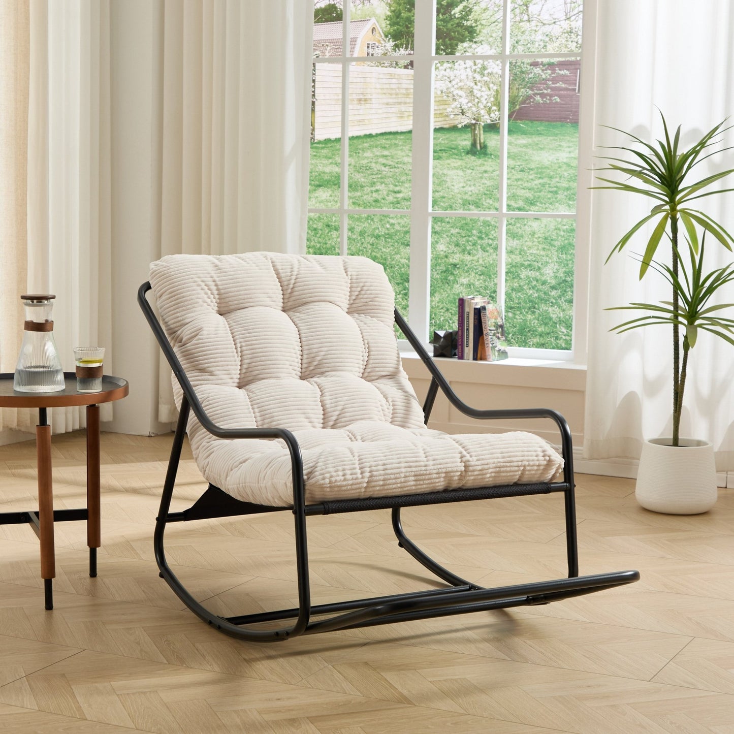 Modern Outdoor Rocking Lounge Chair with Ottoman and White Cushion - 1st Choice Furniture Direct