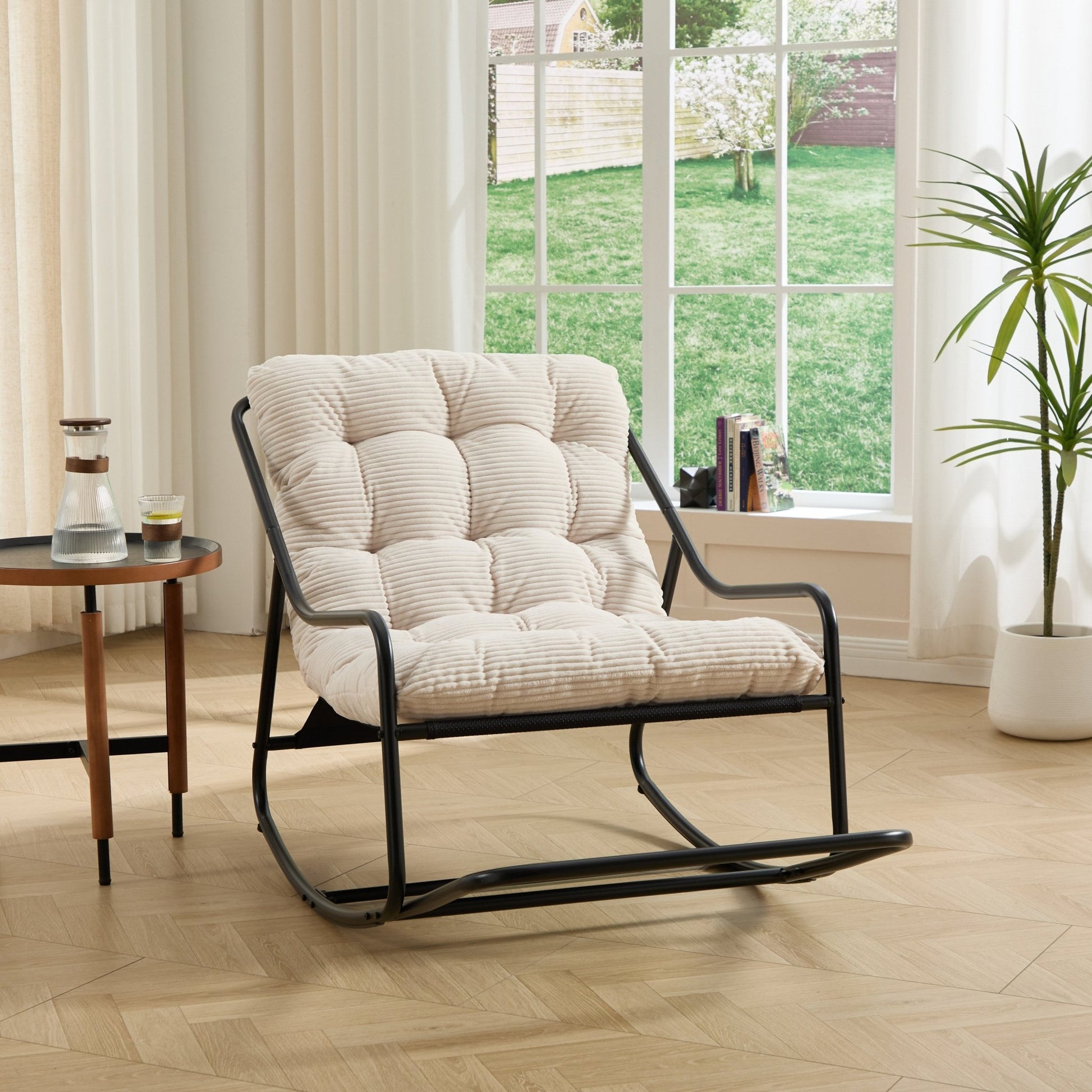 Modern Outdoor Rocking Lounge Chair with Ottoman and White Cushion - 1st Choice Furniture Direct