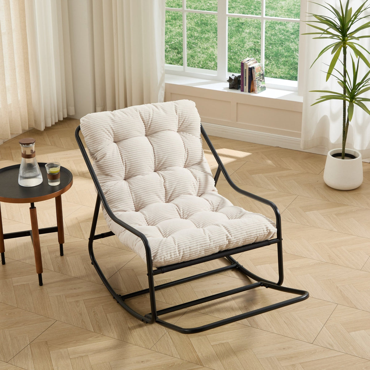 Modern Outdoor Rocking Lounge Chair with Ottoman and White Cushion - 1st Choice Furniture Direct
