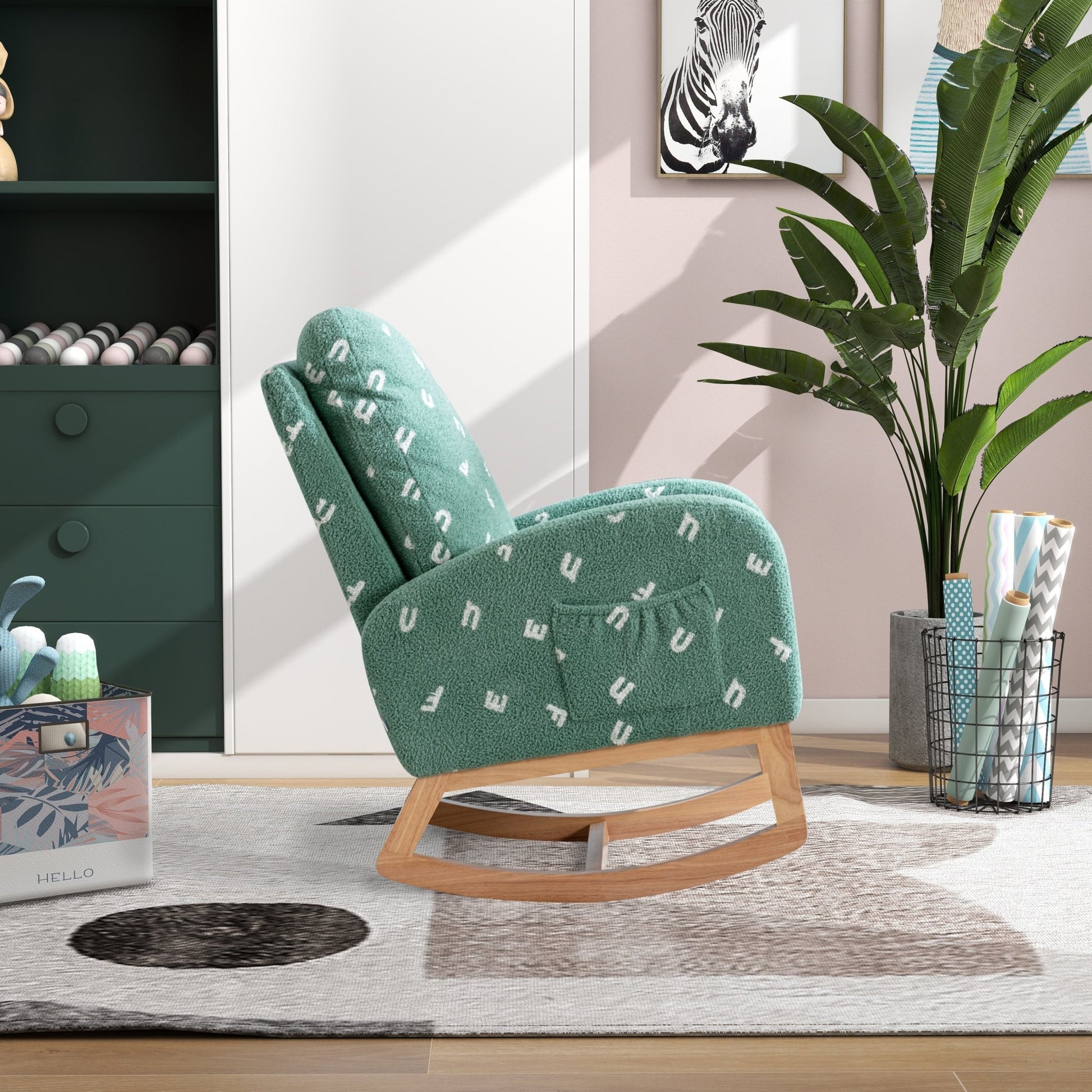 Modern Rocking Chair for Nursery, Mid Century Accent Rocker Armchair with Side Pocket, Green Boucle, 26.8'W - 1st Choice Furniture Direct