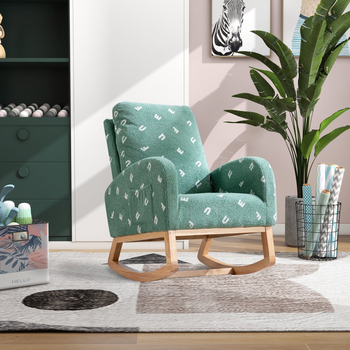 Modern Rocking Chair for Nursery, Mid Century Accent Rocker Armchair with Side Pocket, Green Boucle, 26.8'W - 1st Choice Furniture Direct