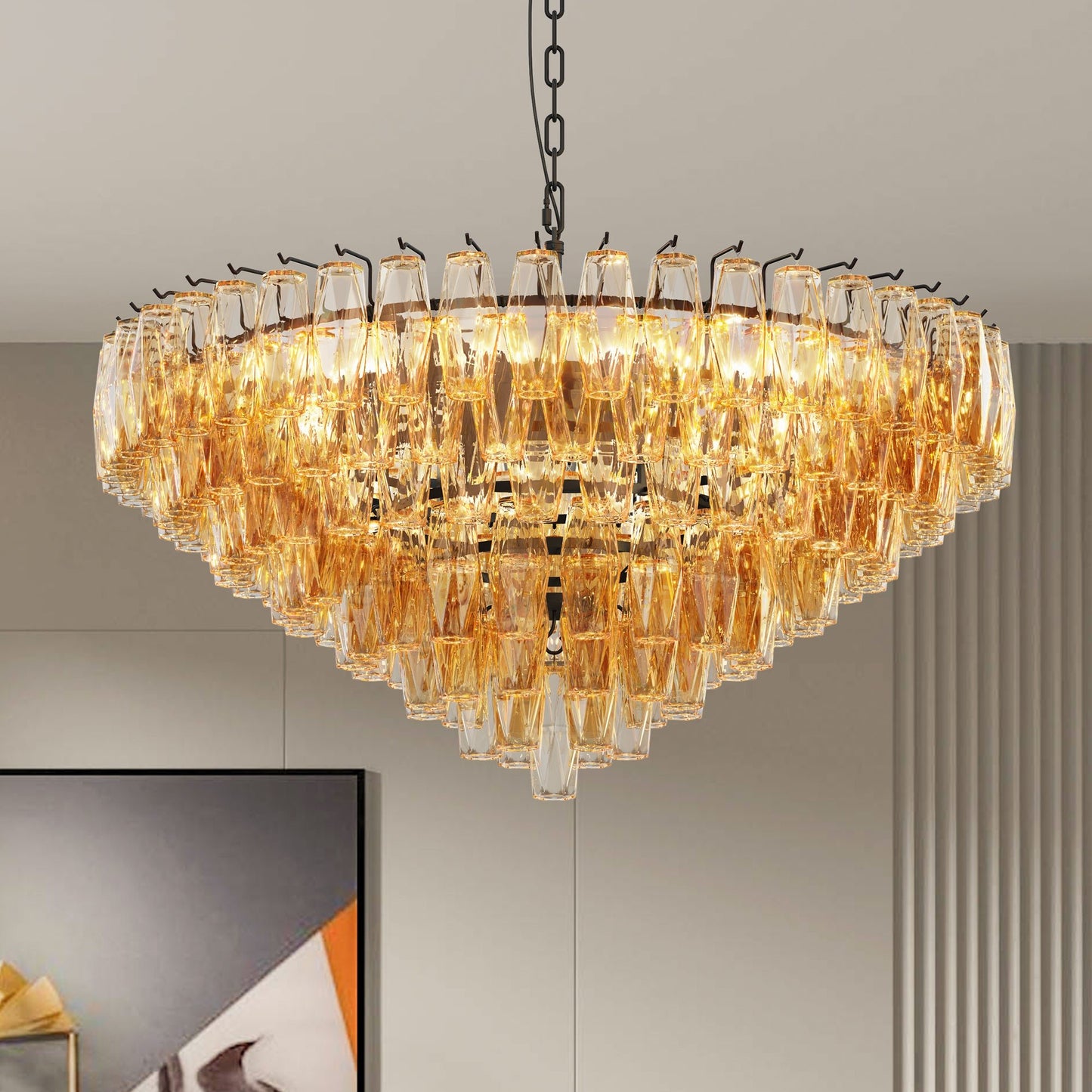 Modern Round Chandelier, 37' Extra Large Black Chandeliers for Dining Room, 14 - Light with Tiered Smoke Glass Tubes Ceiling Light, Pendant Lighting Fixture for Living Room Bedroom Kitchen Island - 1st Choice Furniture Direct