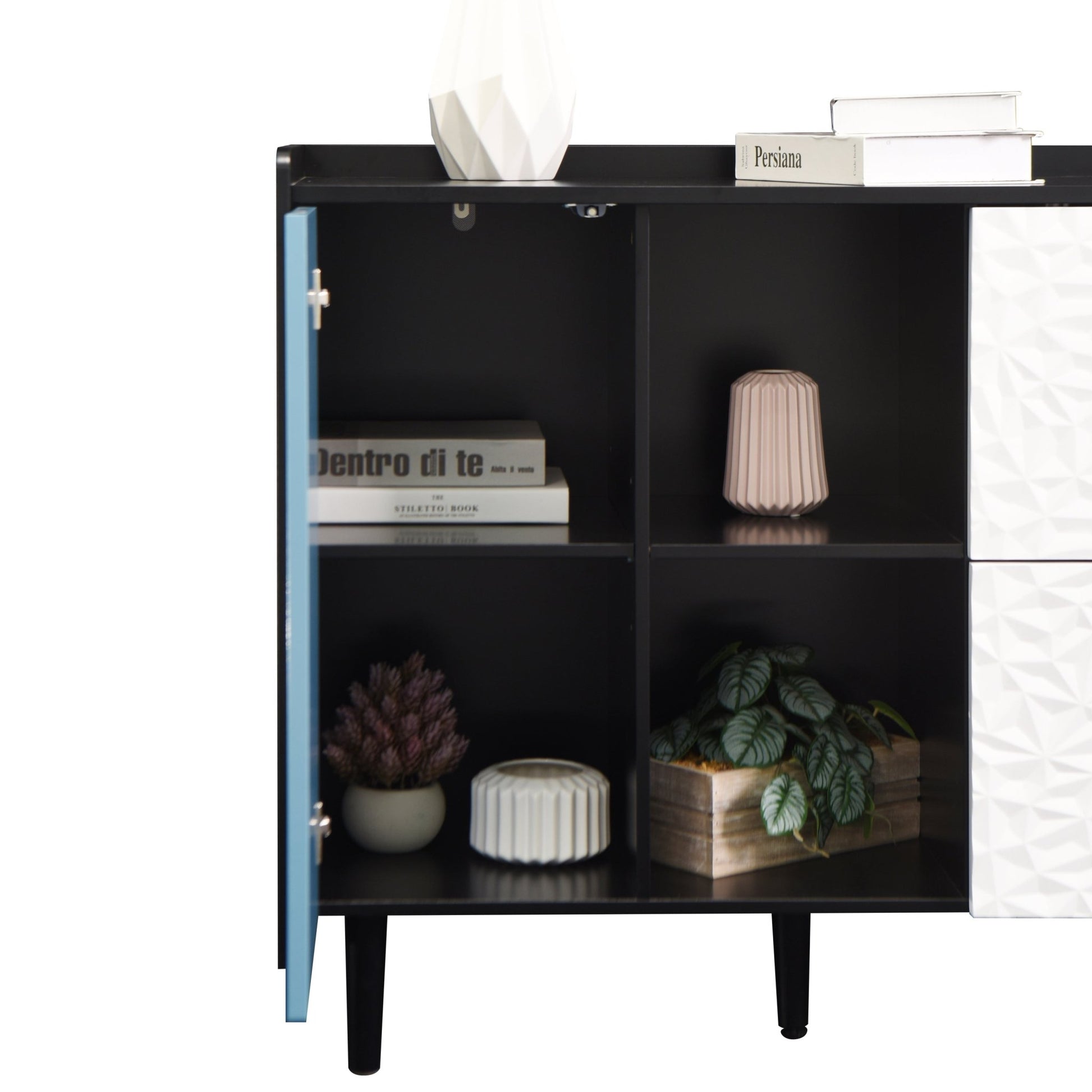 Modern Sideboard Buffet Cabinet with Red Doors and Unique Panel Styling, Black MDF, 35.43' x 15.74' x 31.49' - 1st Choice Furniture Direct