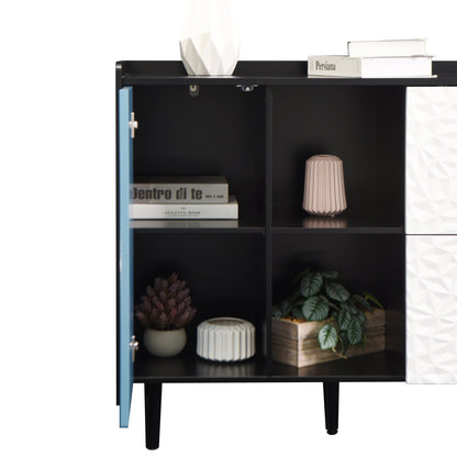 Modern Sideboard Buffet Cabinet with Red Doors and Unique Panel Styling, Black MDF, 35.43' x 15.74' x 31.49' - 1st Choice Furniture Direct