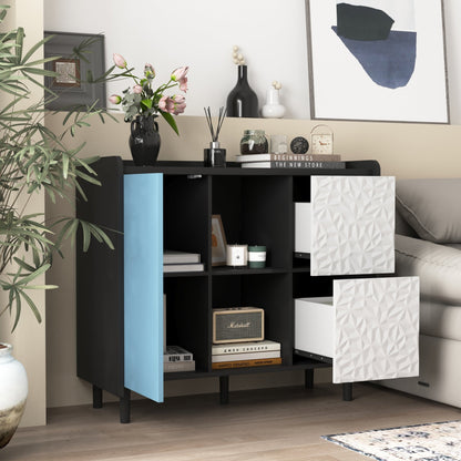 Modern Sideboard Buffet Cabinet with Red Doors and Unique Panel Styling, Black MDF, 35.43' x 15.74' x 31.49' - 1st Choice Furniture Direct